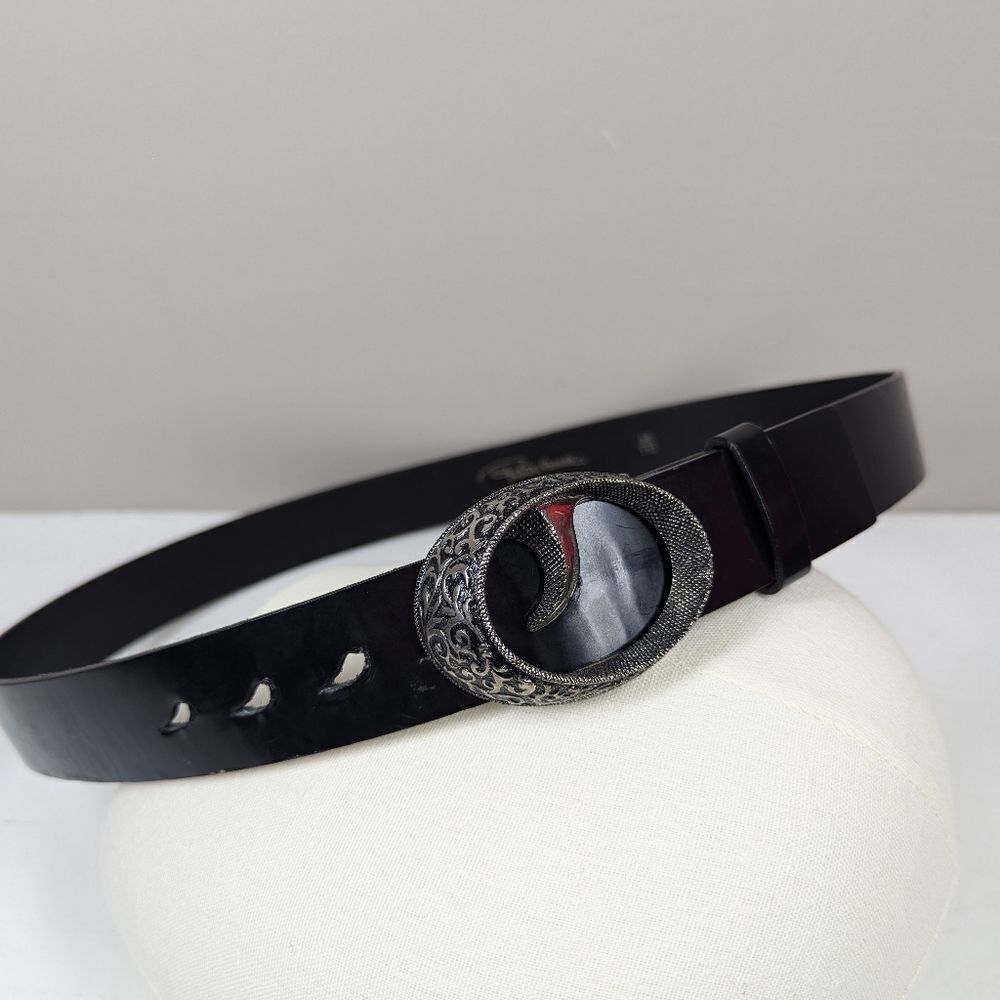 Roberto Cavalli Snake Tooth-Buckle Leather Belt • Italian Designer Black Silver